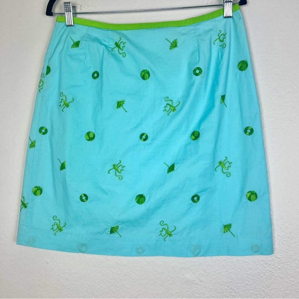 Vintage Lily Pulitzer | Blue Green Novelty Print Monkey Beach Embroidered Skirt